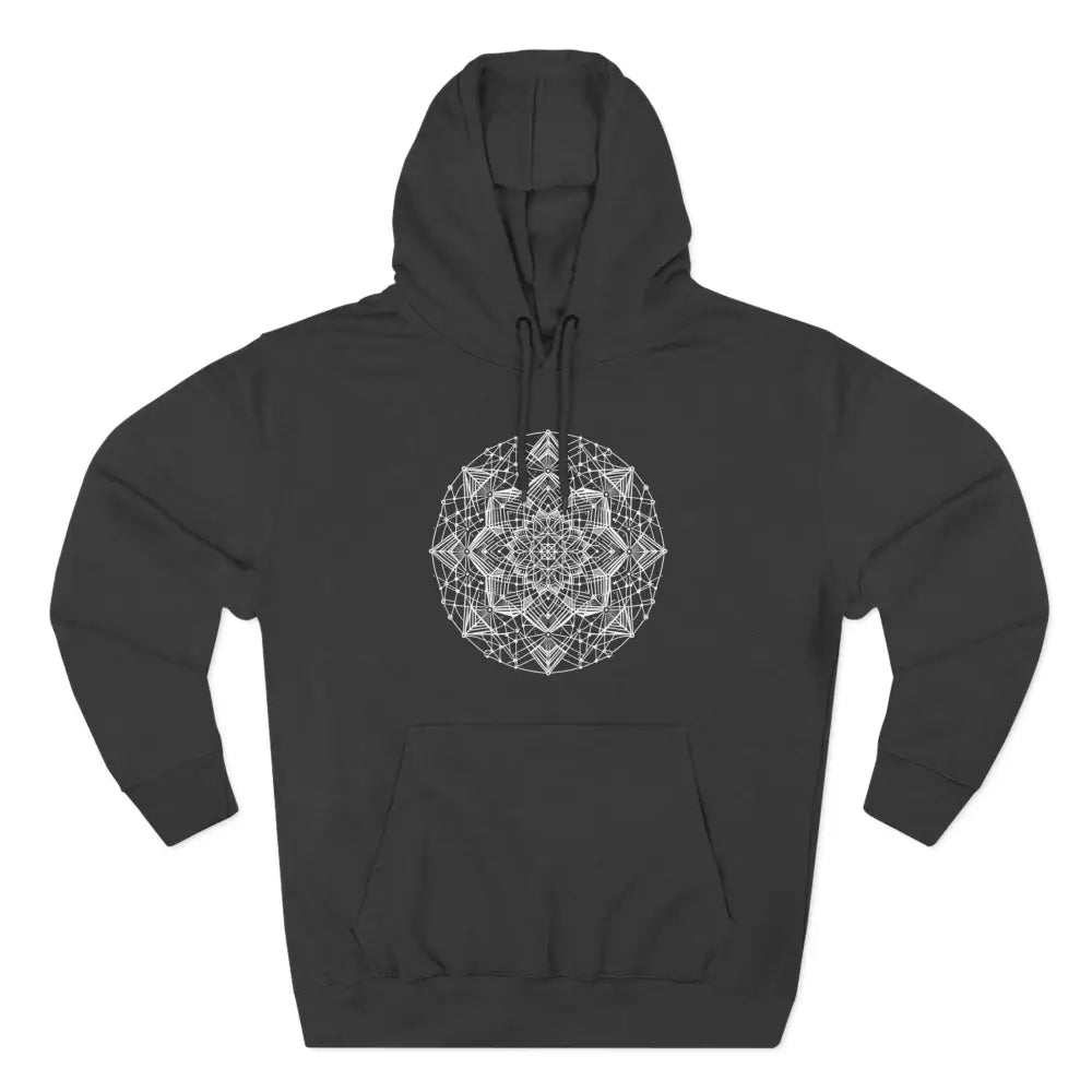 Dark gray three-panel fleece hoodie with white mandala design and adjustable hood