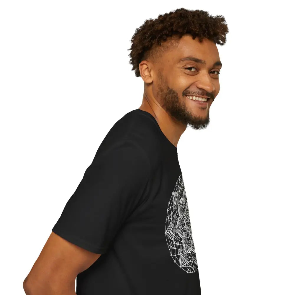 Man wearing a stylish unisex t-shirt with geometric design and elastic ribbed collar