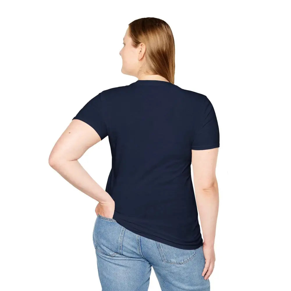 Woman modeling navy blue stylish unisex t-shirt with elastic ribbed collar and relaxed fit