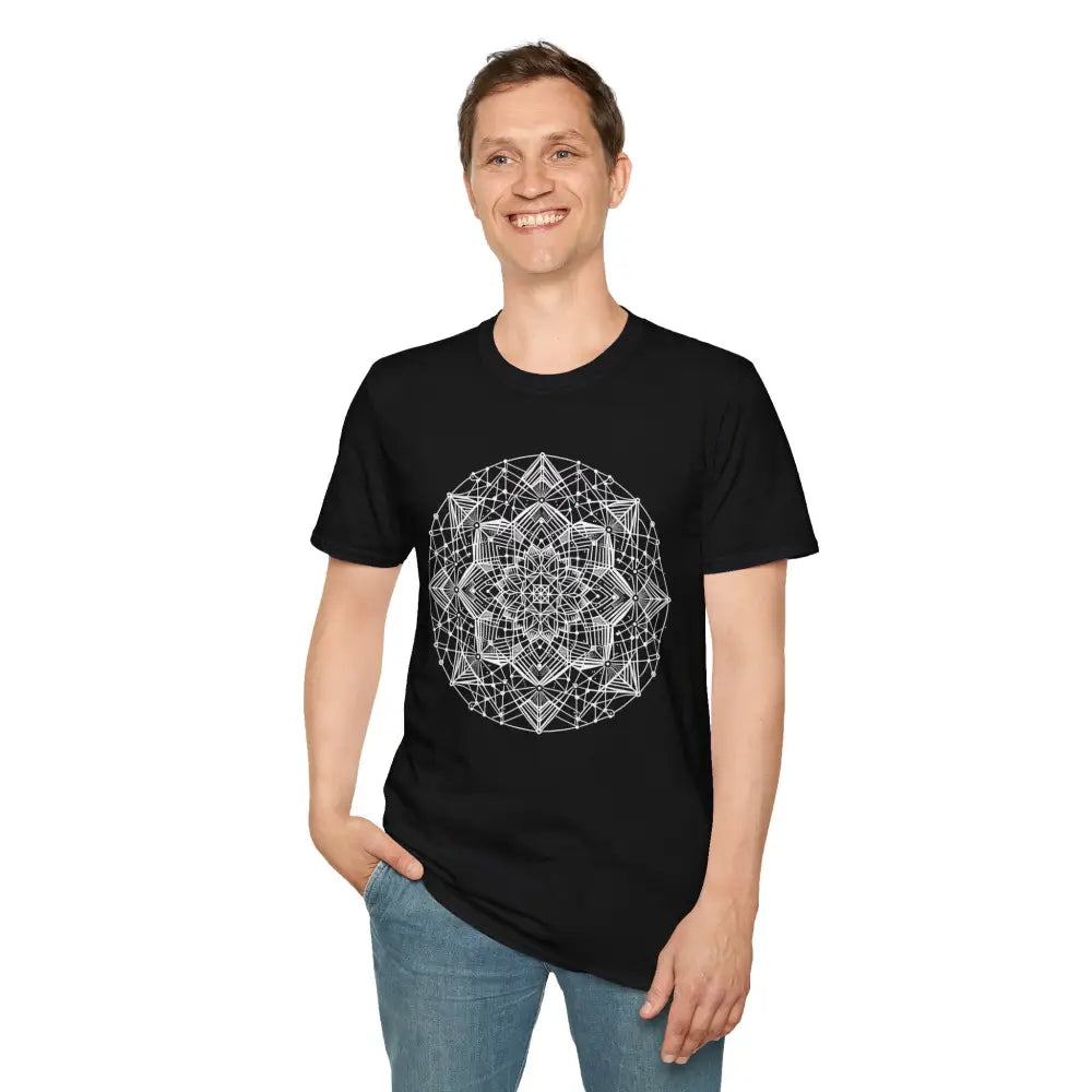 Stylish unisex t-shirt with white geometric mandala design, elastic ribbed collar, eco-friendly style