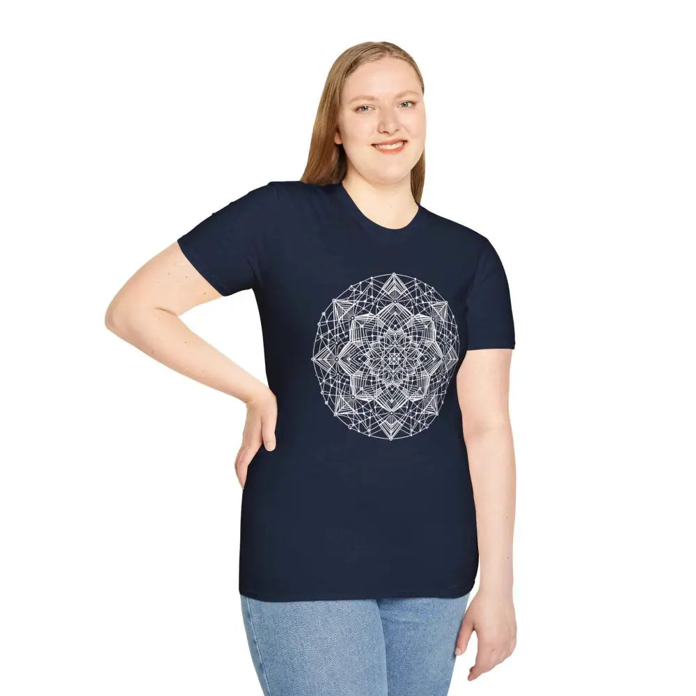 Stylish unisex t-shirt with white mandala design, elastic ribbed collar, relaxed fit