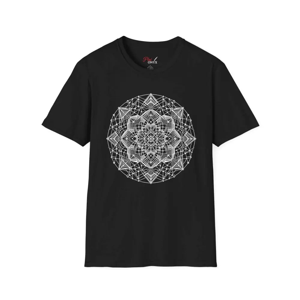 Black stylish unisex t-shirt with white mandala design, elastic ribbed collar, casual wear