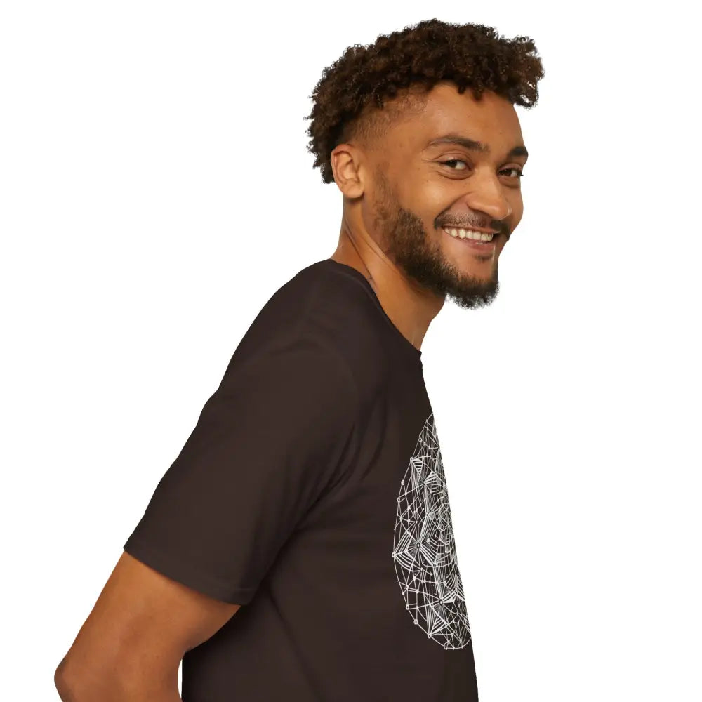 Smiling man with beard in stylish unisex t-shirt with geometric design and elastic ribbed collar