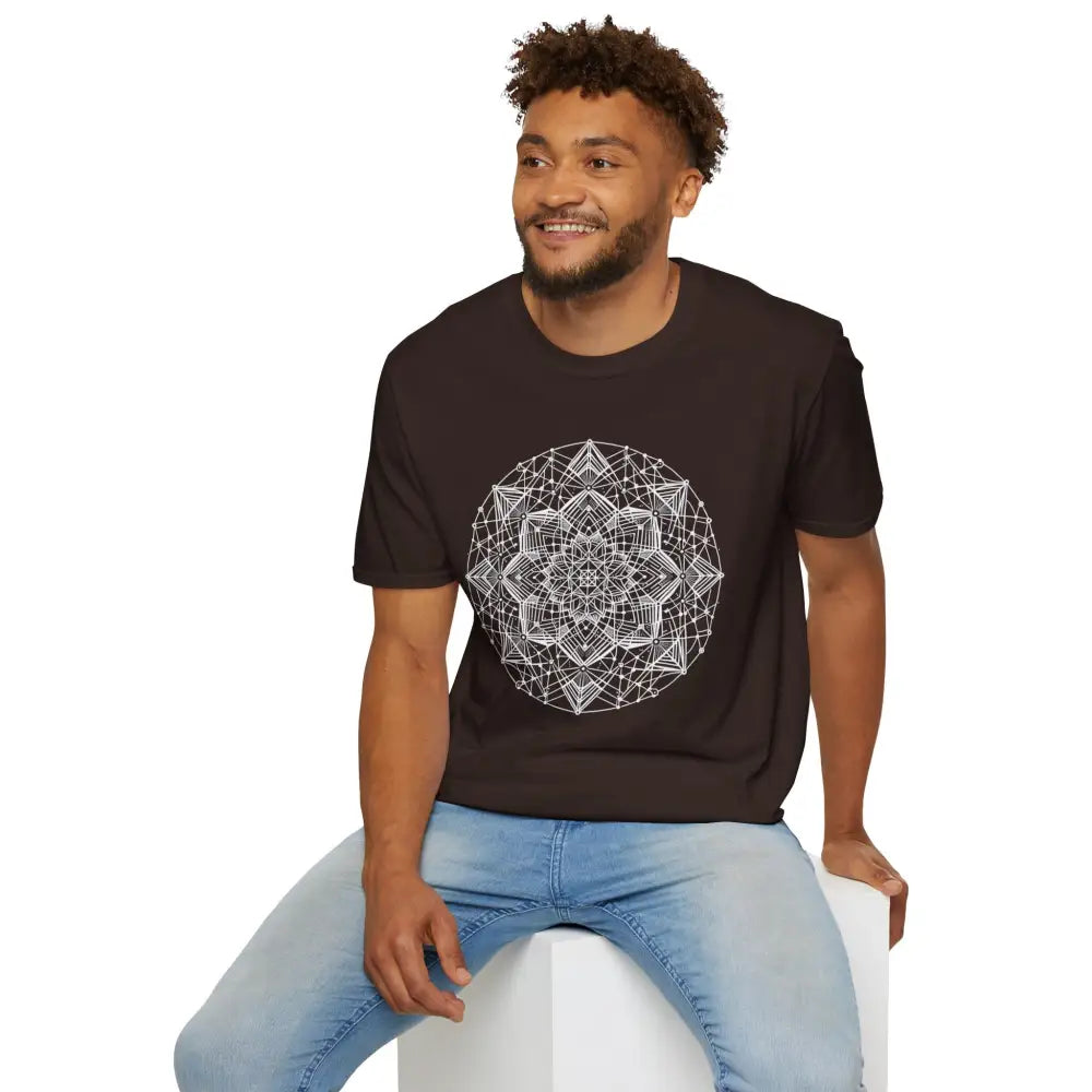 Stylish unisex t-shirt with white mandala design, elastic ribbed collar, eco-friendly fabric