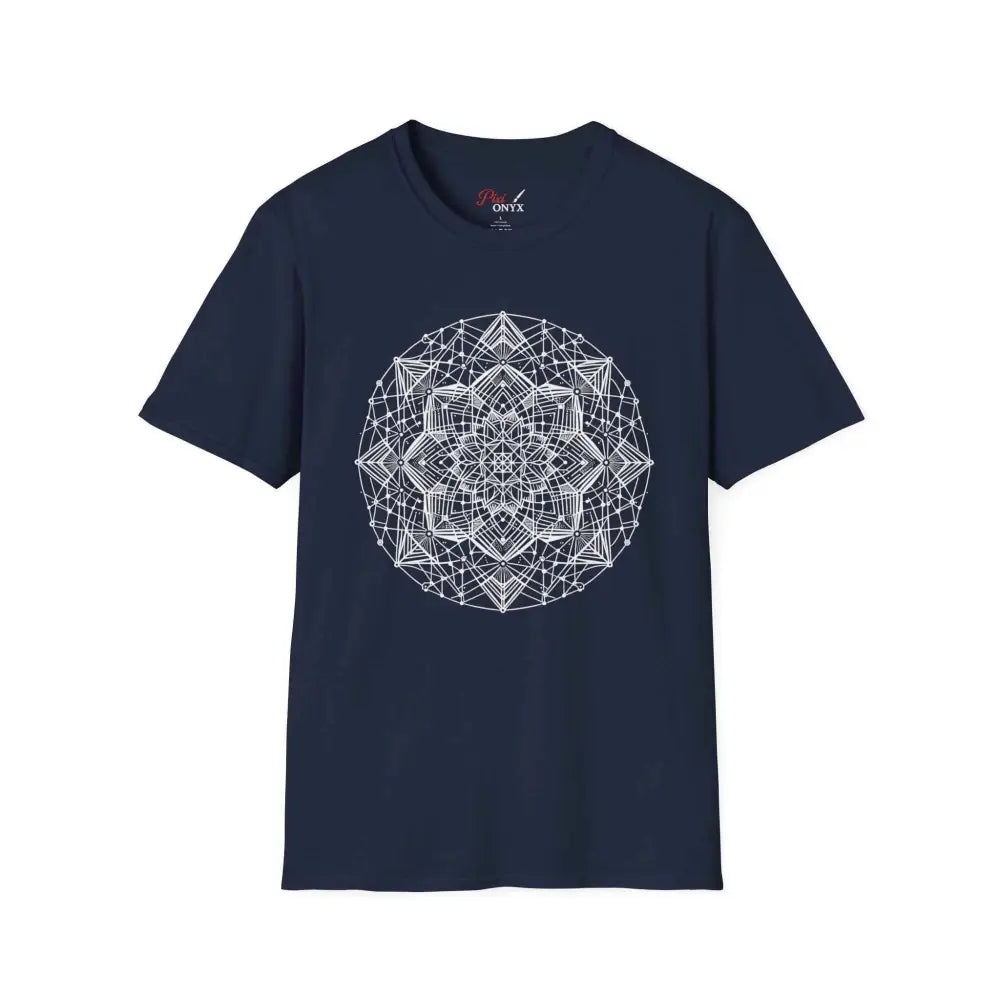Dark blue stylish unisex t-shirt with white mandala design and elastic ribbed collar