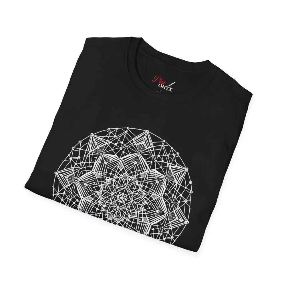 Stylish unisex t-shirt with mandala design, elastic ribbed collar, promotes reduced fabric waste