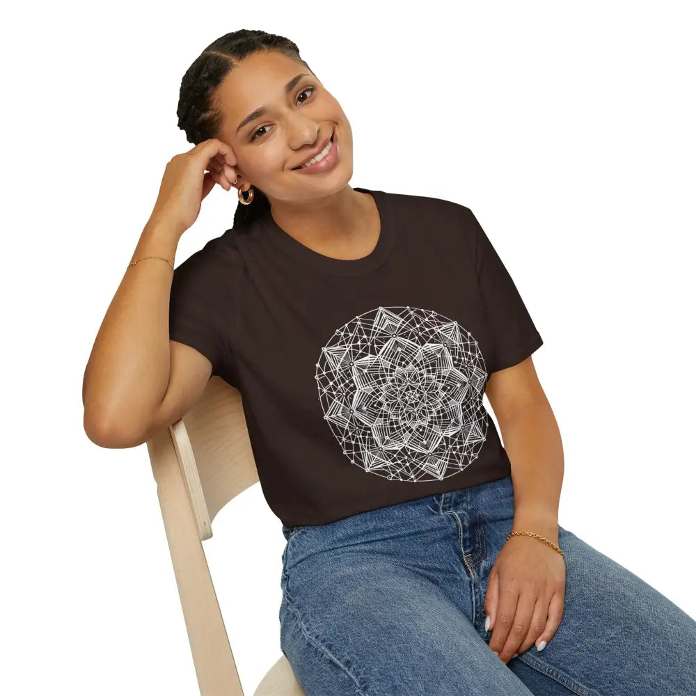 Woman wearing a stylish unisex t-shirt with mandala design and elastic ribbed collar