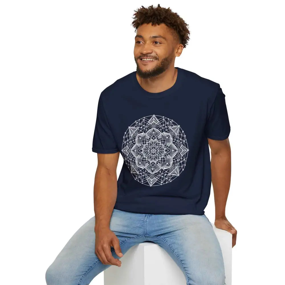 Navy blue stylish unisex t-shirt with white mandala design, elastic ribbed collar