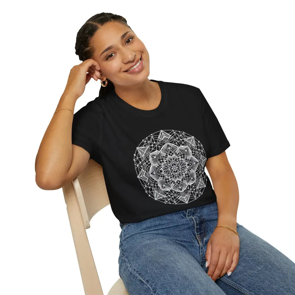 Black short-sleeved stylish unisex t-shirt with white mandala design and elastic ribbed collar