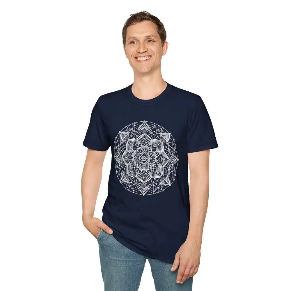 Stylish unisex t-shirt with white geometric mandala design, elastic ribbed collar, relaxed fit