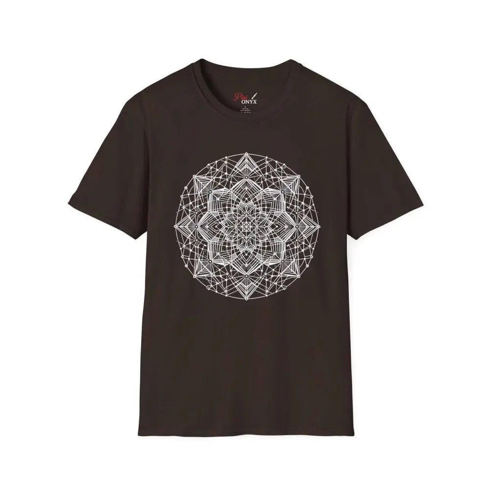 Dark gray stylish unisex t-shirt with white geometric mandala design and elastic ribbed collar