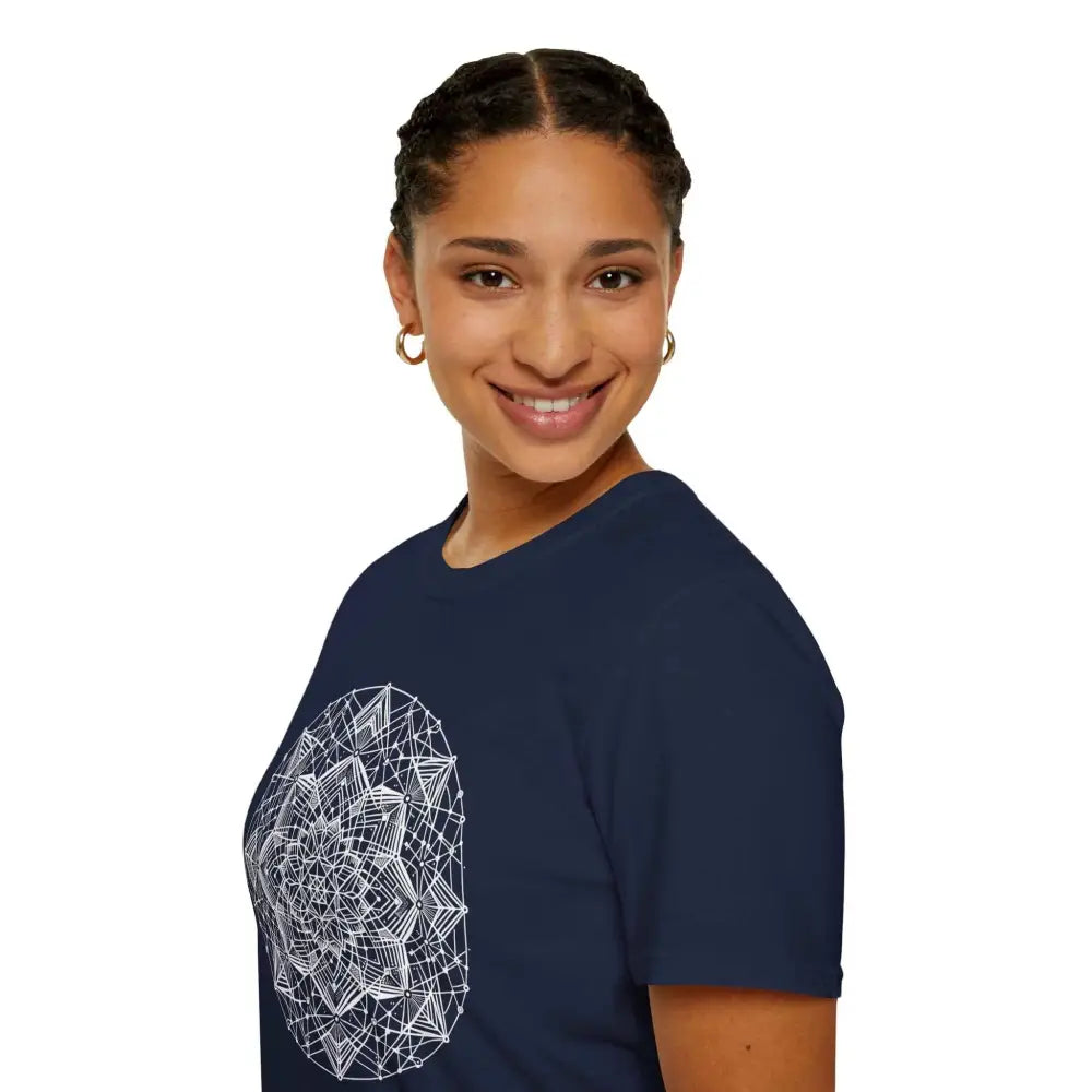 Stylish unisex t-shirt with white mandala design, elastic ribbed collar, eco-friendly fabric