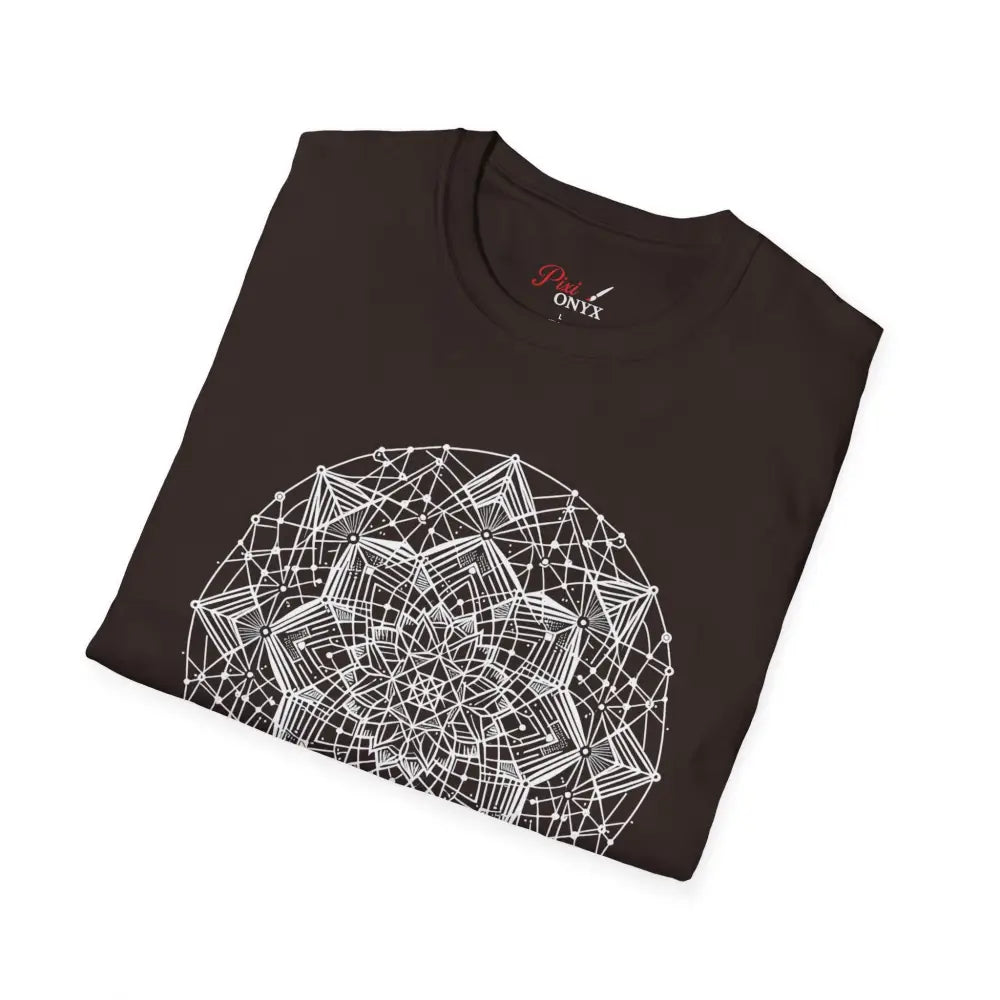 Dark brown stylish unisex t-shirt with white geometric mandala design and elastic ribbed collar