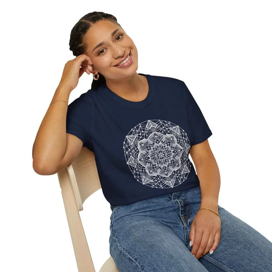Woman in stylish unisex navy blue Mandala Graphic T-Shirt with elastic ribbed collar