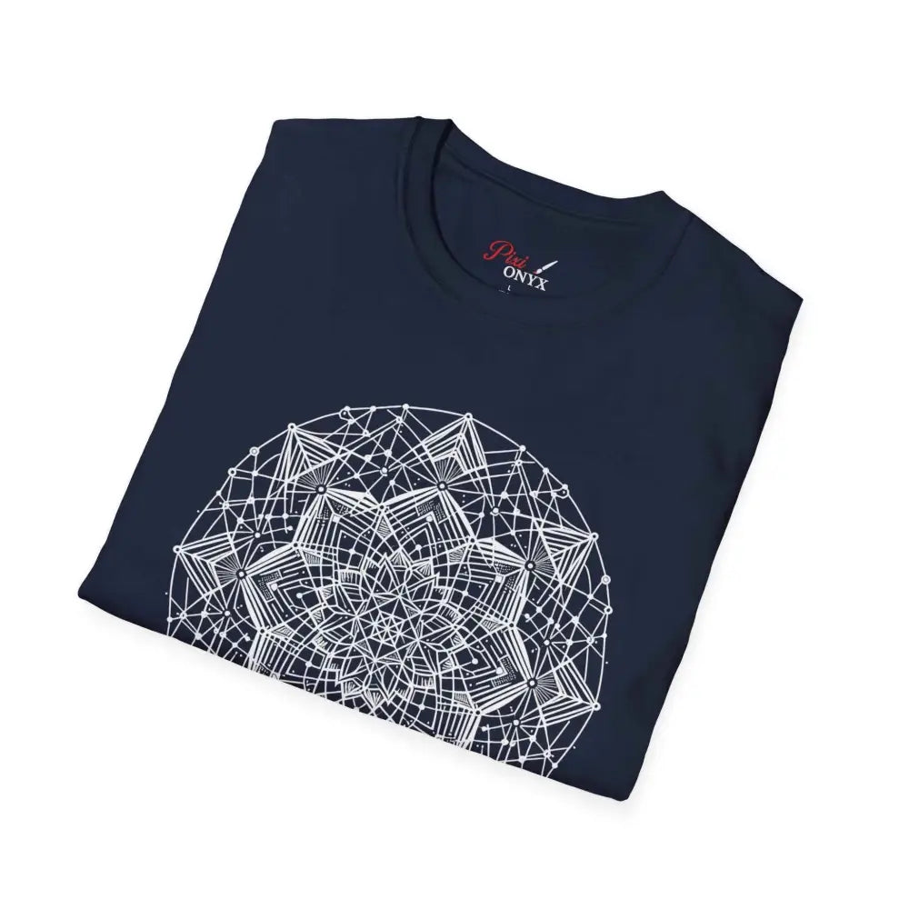 Dark blue stylish unisex t-shirt with white geometric mandala design and elastic ribbed collar