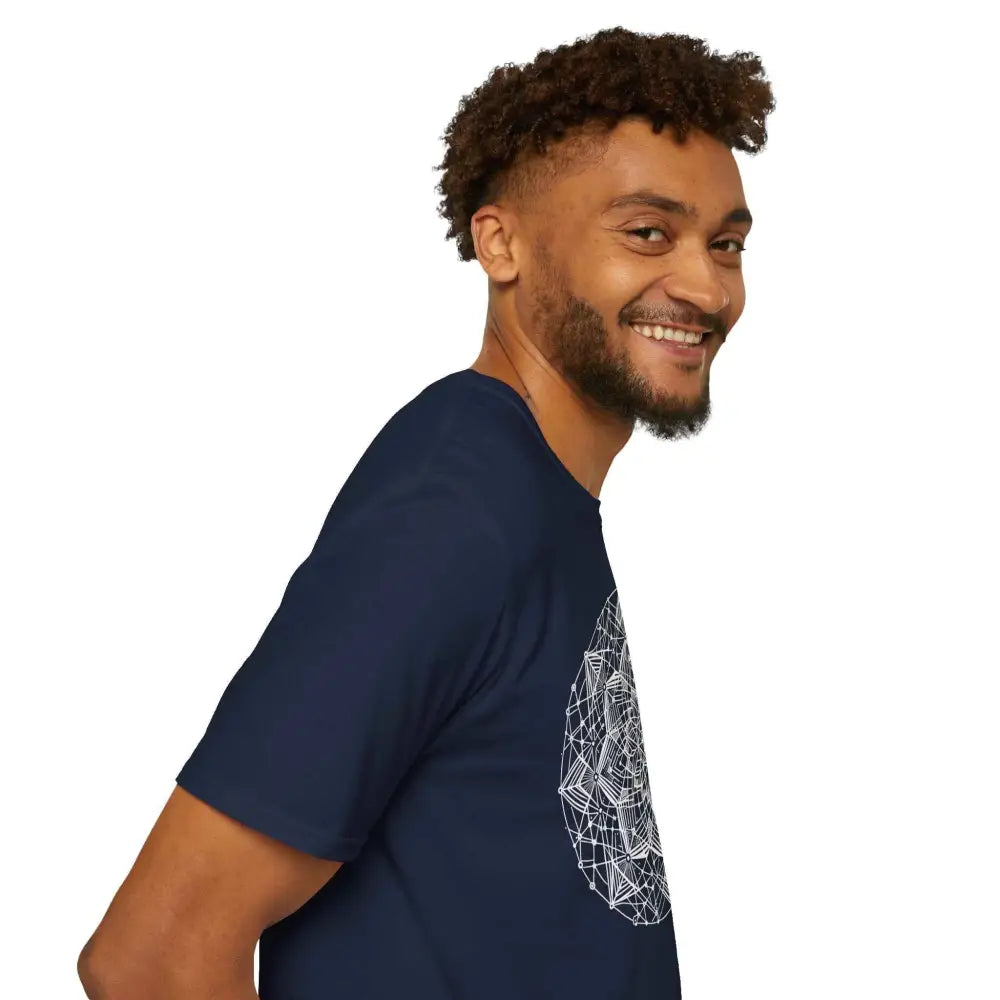 Smiling man wearing a stylish unisex t-shirt with a white geometric Mandala design and elastic ribbed collar