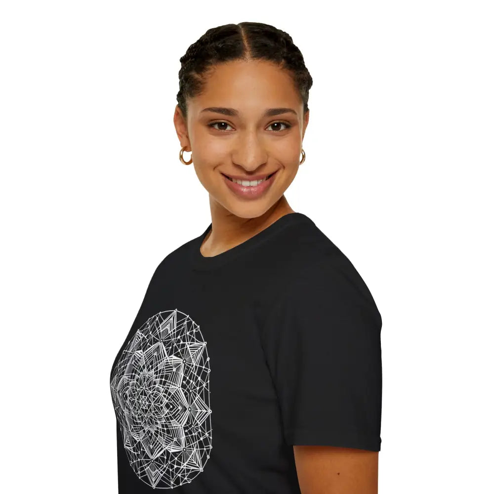 Smiling woman wearing a stylish unisex t-shirt with white mandala design and elastic ribbed collar