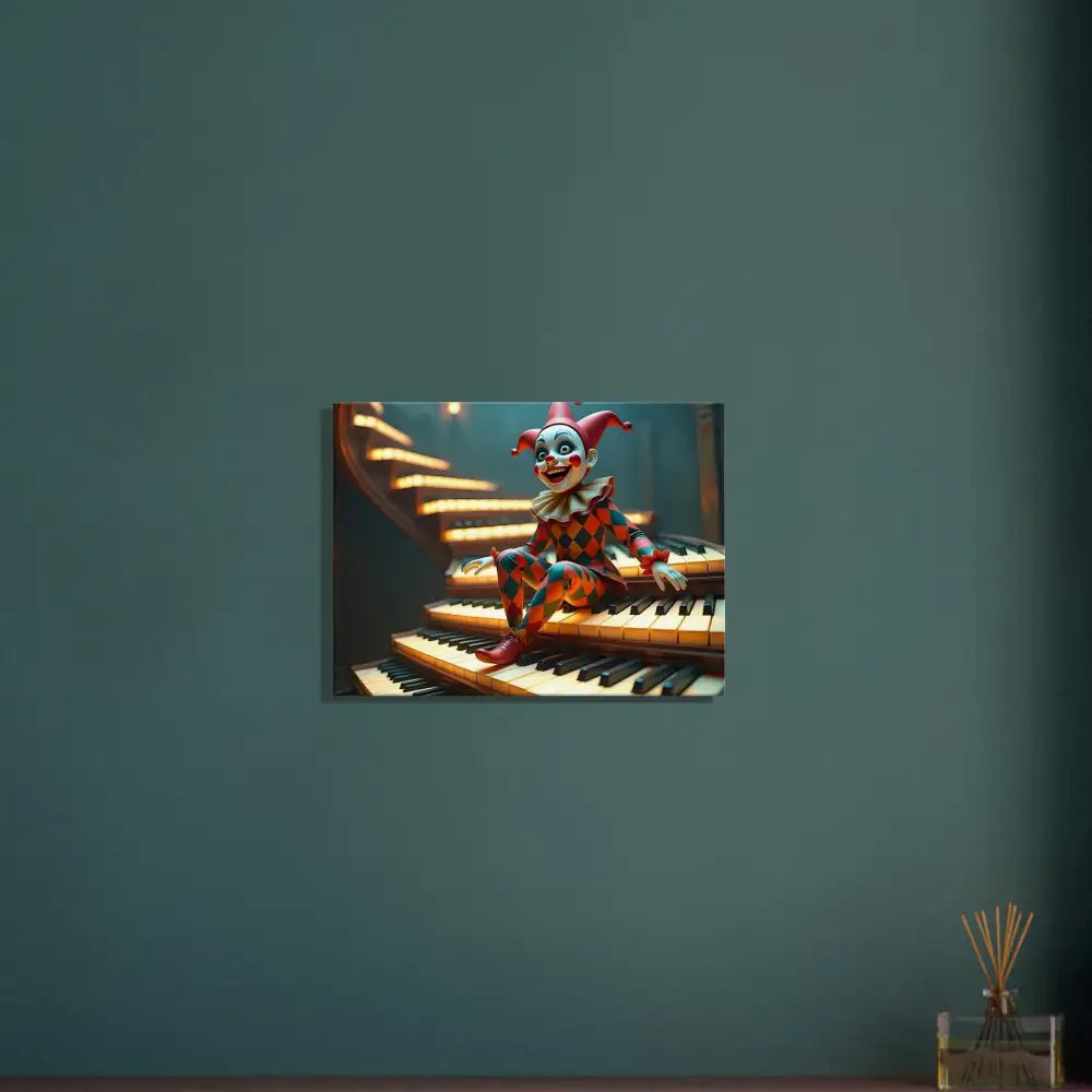 Clown doll sitting on piano keys as part of Marionette Canvas The Puppet’s Prelude Wall Art