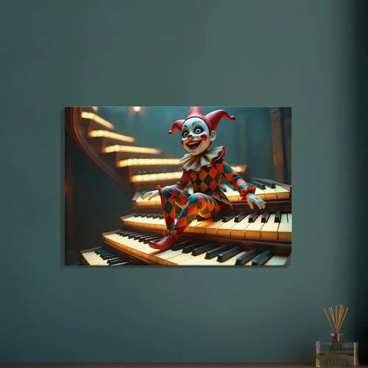 Harlequin doll sitting on piano keys as part of Marionette Canvas Wall Art