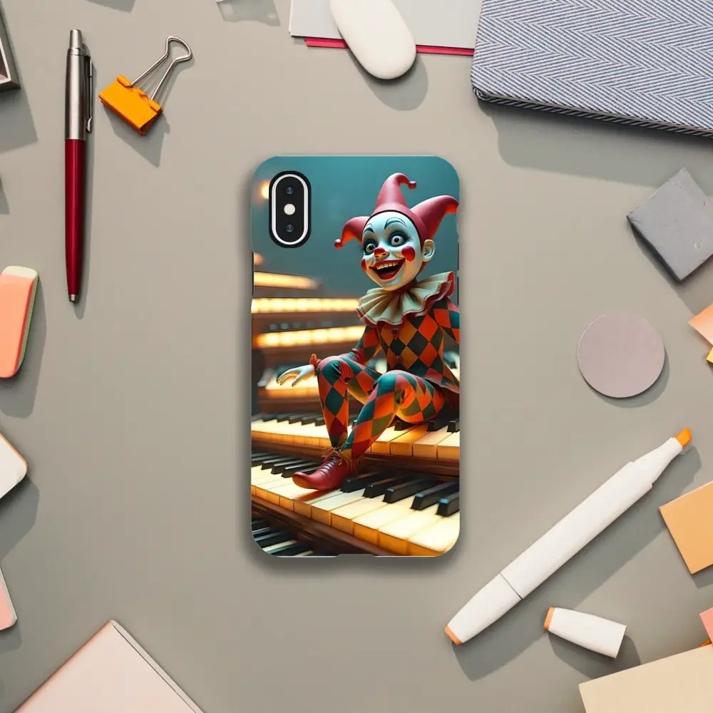 Clown-themed phone case for iPhone is part of the Marionette Puppet’s Prelude PixiOnyx Tough Shell Cover