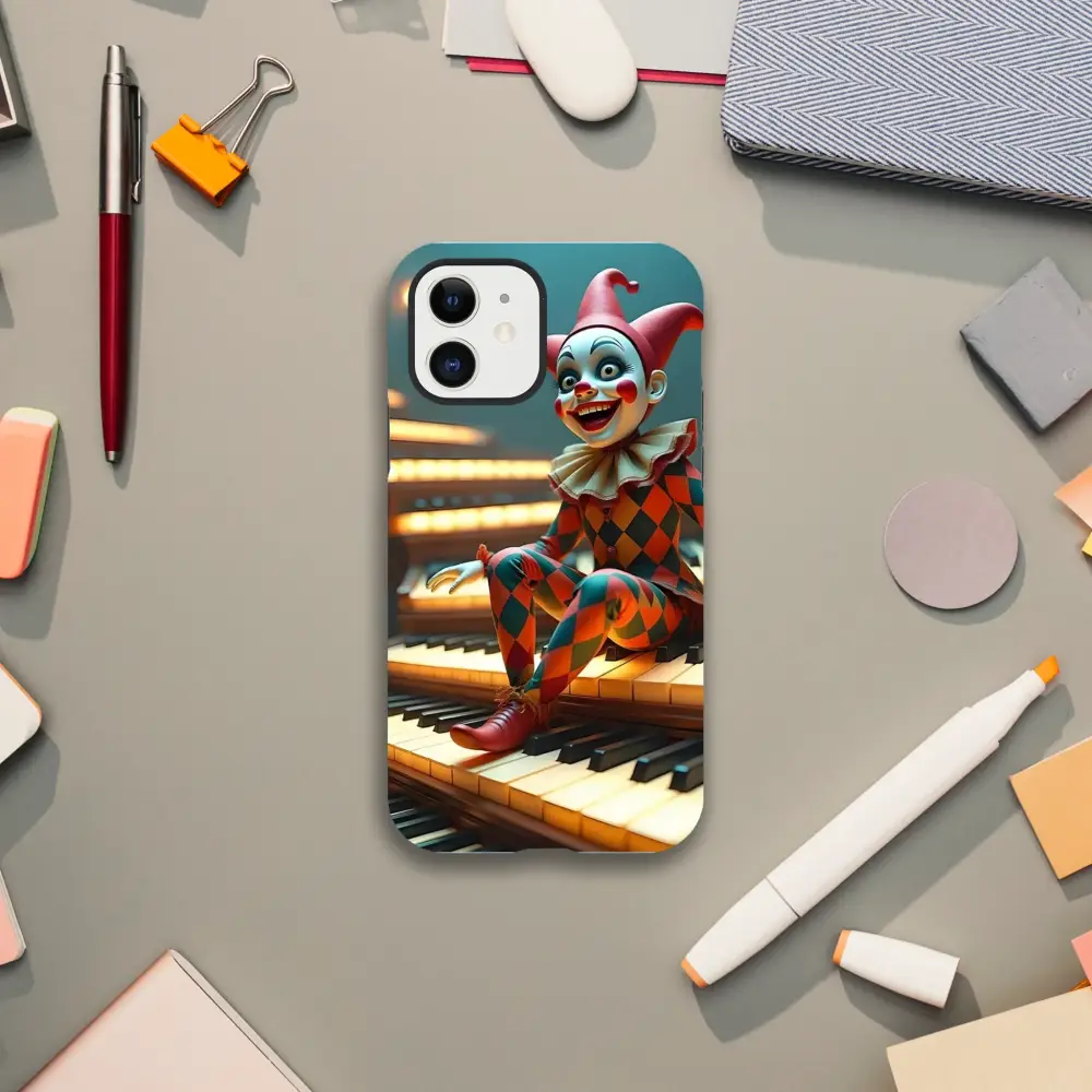 Clown-themed phone case for iPhone with puppet design and tough shell protection