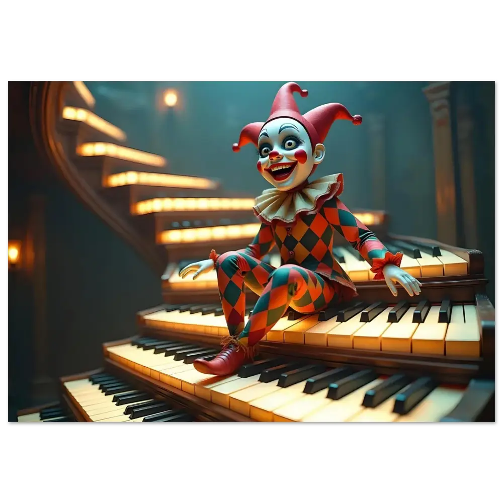 Harlequin doll sitting on piano keys in Marionette Poster – The Puppet’s Prelude PixiOnyx Fine Art Print