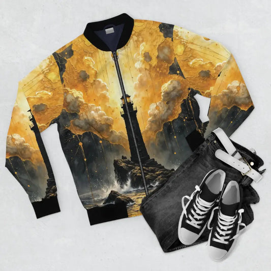 Bold bomber jacket with lighthouse and stormy sea print under golden sky