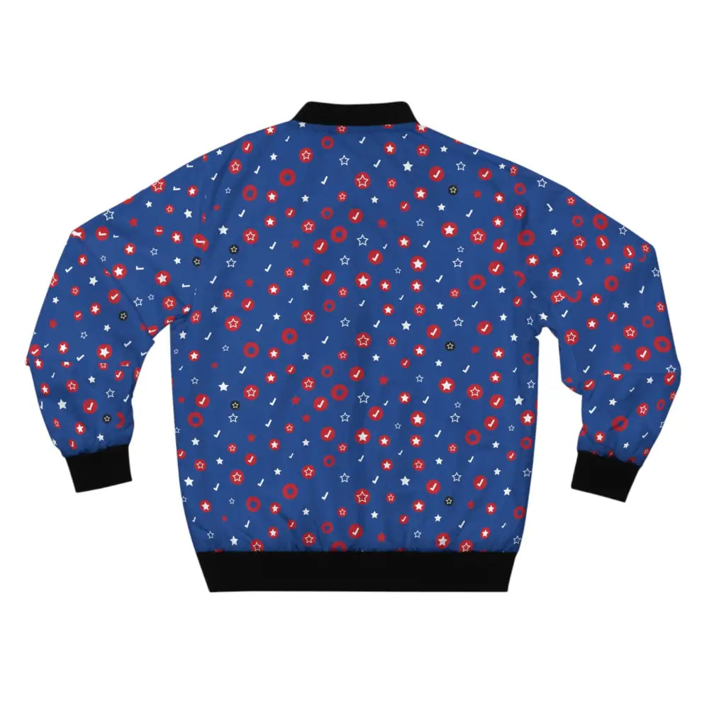 Blue bomber jacket with star and donut pattern from Men’s Bomber Jacket Vibrant Starscape Swagger