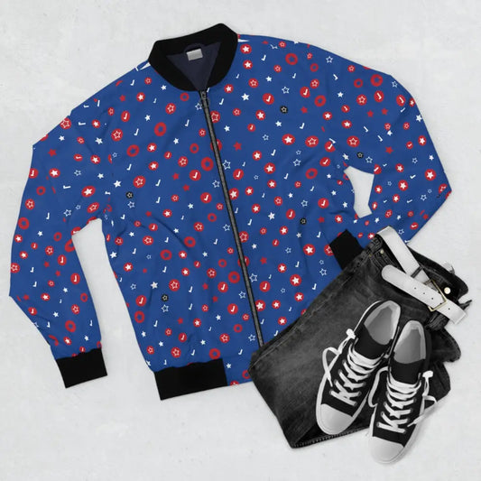Men’s Blue Bomber Jacket with Star and Musical Note Pattern from PixiOnyx Patriotic Statementwear
