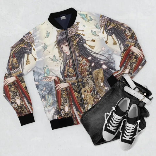 Men’s bomber jacket featuring anime-style woman, butterflies, cherry blossoms, black collar