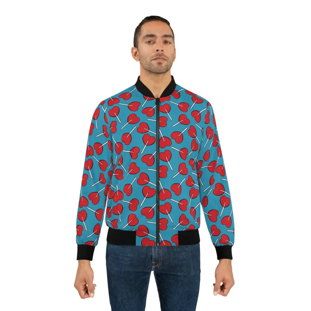 Man wearing a lollipop-patterned bomber jacket from PixiOnyx Bold Outerwear