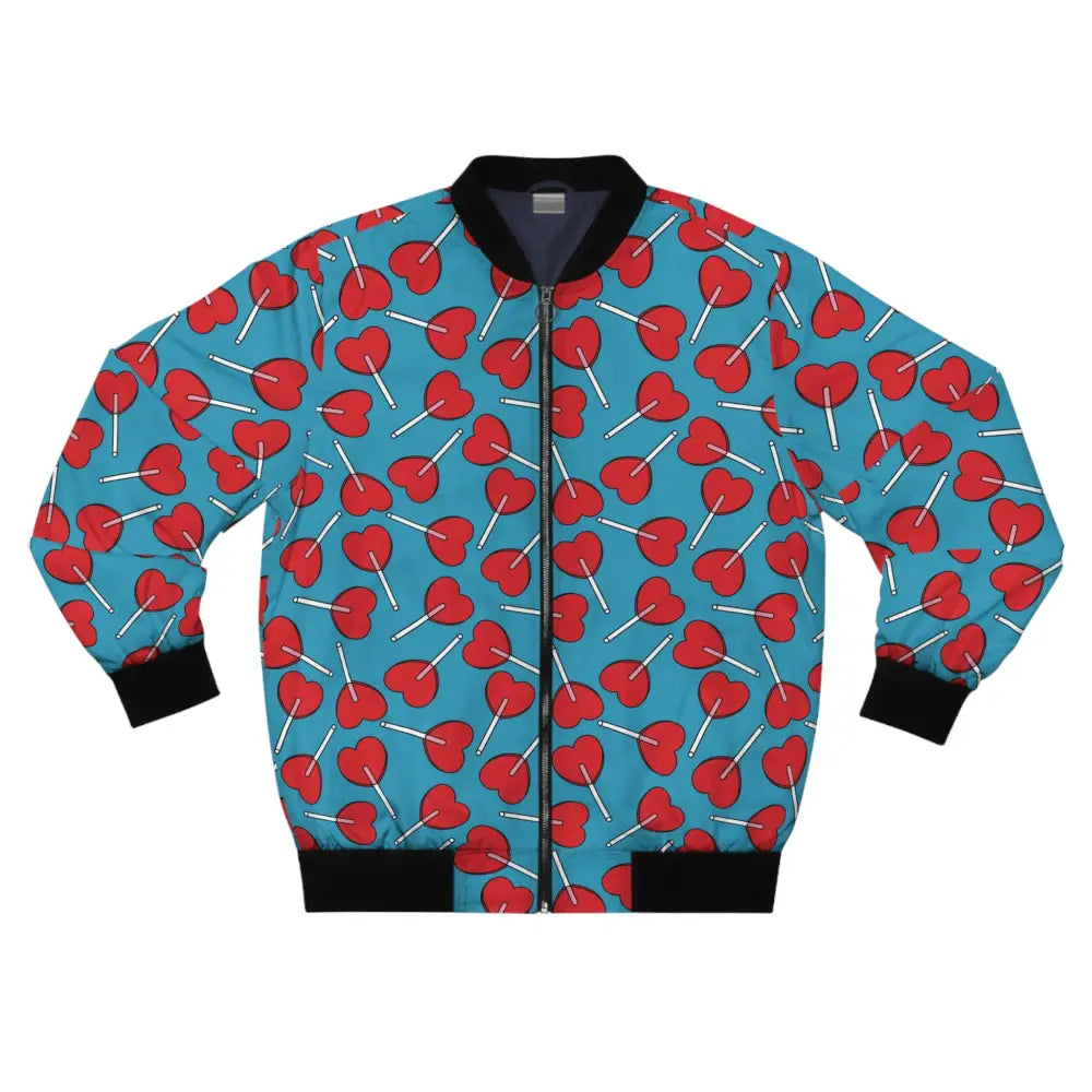Blue bomber jacket with red heart lollipops from Men’s Bomber Jacket Lick Me Later PixiOnyx