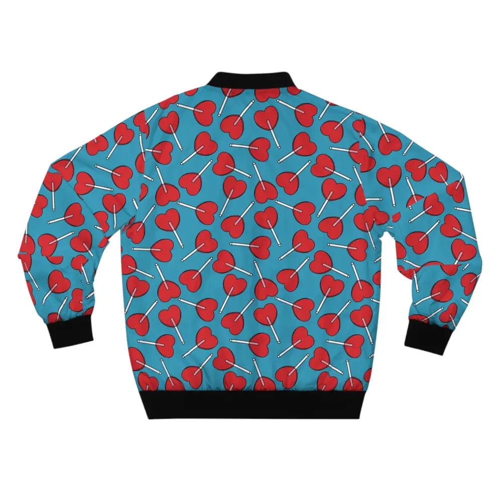 Men’s bomber jacket with heart lollipop pattern from PixiOnyx Bold Outerwear