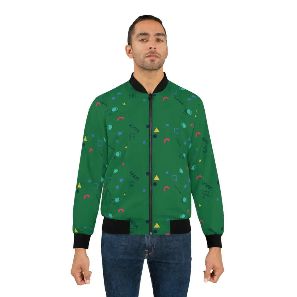 Dark green men’s bomber jacket with geometric pattern from PixiOnyx Retrocore Outerwear