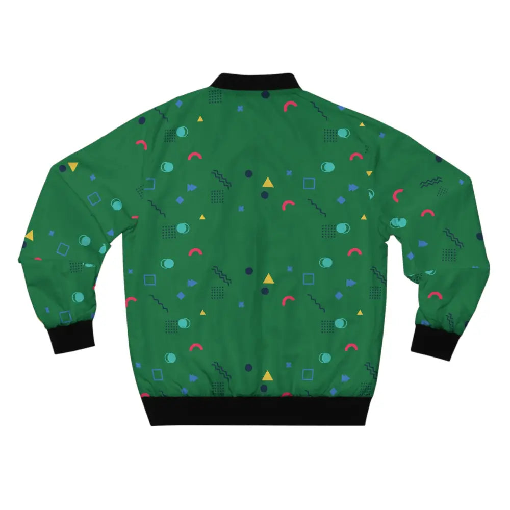 Green bomber jacket with geometric pattern from Mens Bomber Jacket Memphis Razzle Pop Dark Green PixiOnyx Outerwear