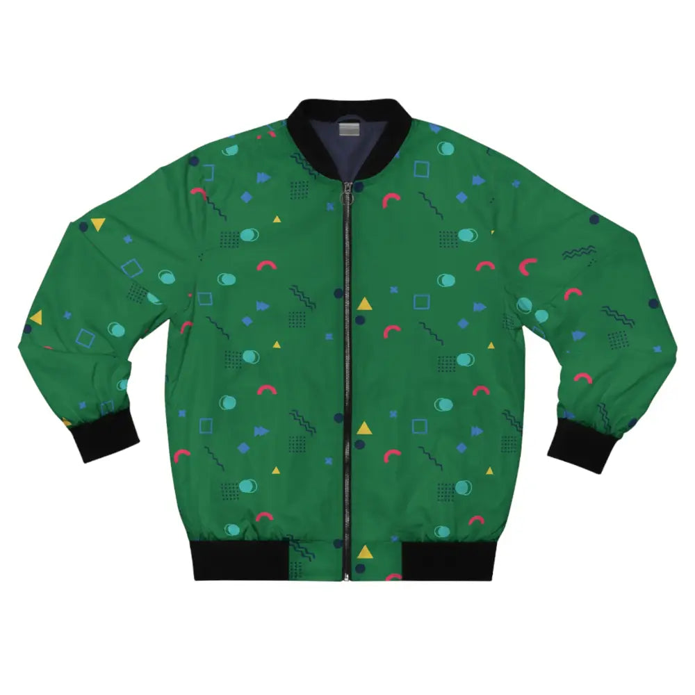 Green patterned bomber jacket from Memphis Razzle Pop Men’s Outerwear by PixiOnyx