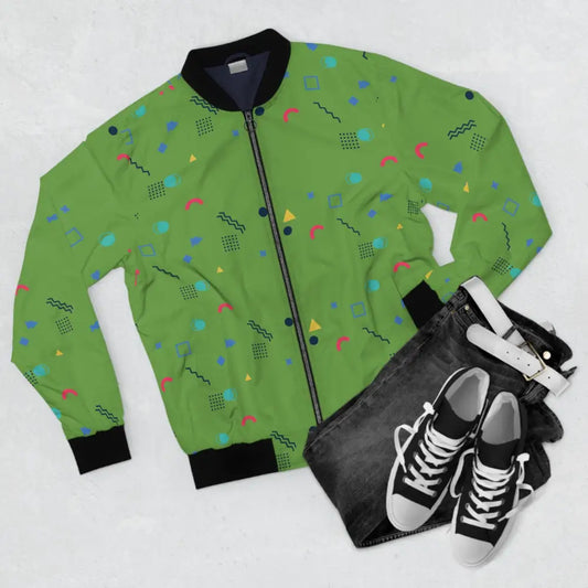 Green patterned bomber jacket from Memphis Razzle Pop collection by PixiOnyx Retrocore