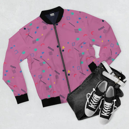Pink 90s-patterned bomber jacket from Memphis Razzle Pop collection by PixiOnyx