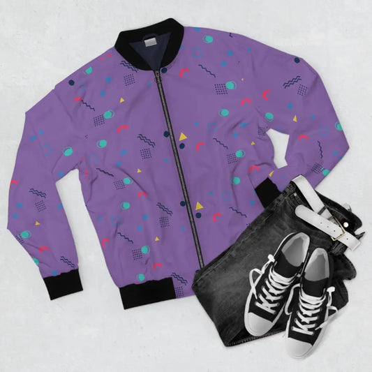 Purple 90s-patterned bomber jacket from PixiOnyx Memphis Razzle Pop collection