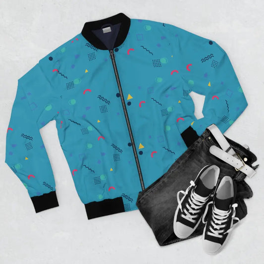 Turquoise patterned bomber jacket from Memphis Razzle Pop Men’s Outerwear by PixiOnyx