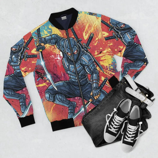 Comic-inspired ninja bomber jacket with dynamic ninja graphic and splattered background