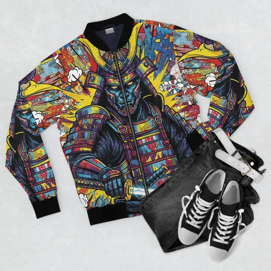 Colorful samurai-themed bomber jacket with bold meets chaos explosive graphic design