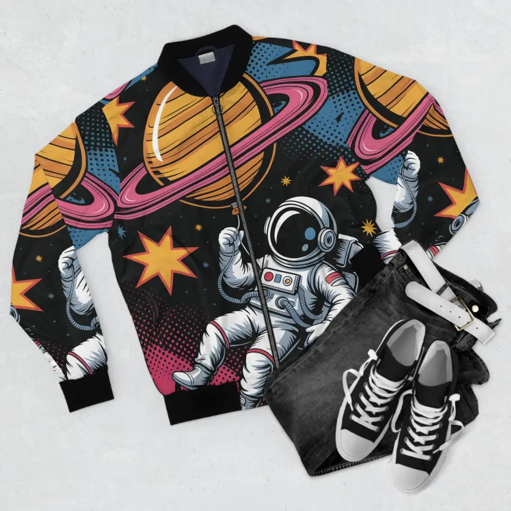 Black bomber jacket with Saturn Balloon and astronaut print, surreal cosmic zero-gravity style statement
