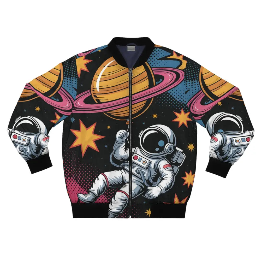Black bomber jacket with colorful Saturn Balloon space pattern, surreal cosmic style statement
