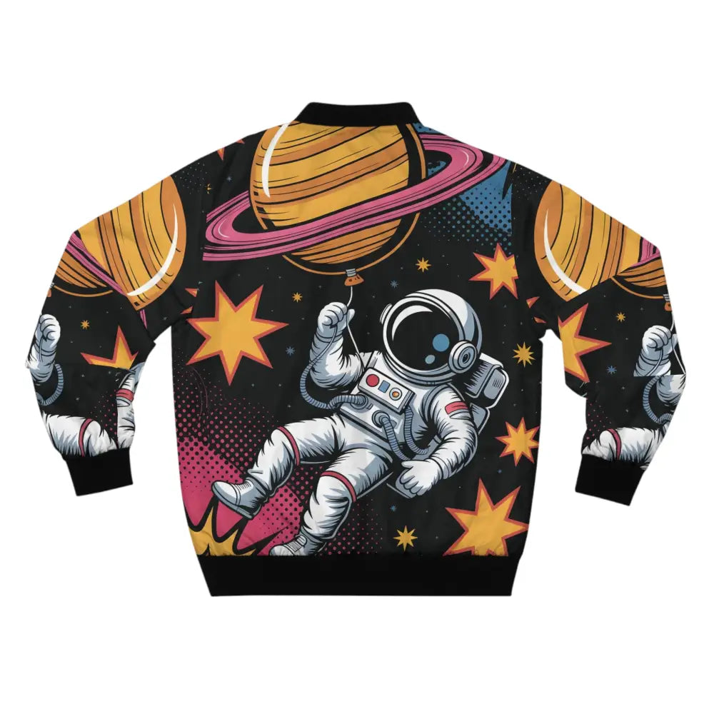 Black bomber jacket with colorful Saturn Balloon space print, surreal cosmic zero-gravity style statement