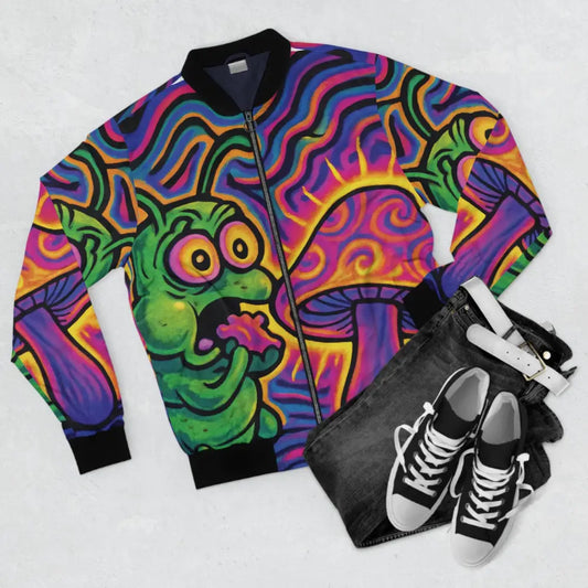 Colorful psychedelic caterpillar bomber jacket from PixiOnyx Streetwear featuring Shroomapillar design