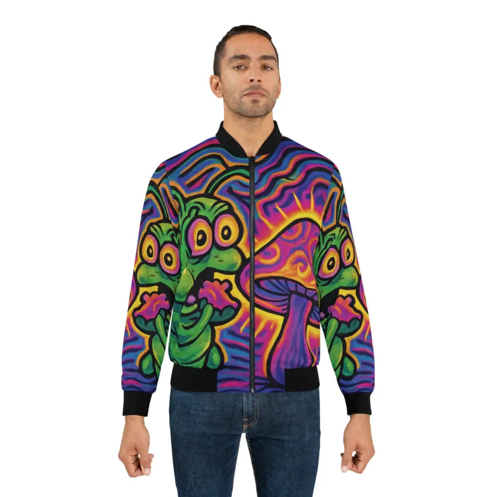 Psychedelic mushroom bomber jacket from PixiOnyx Streetwear showcases vibrant colorful mushrooms