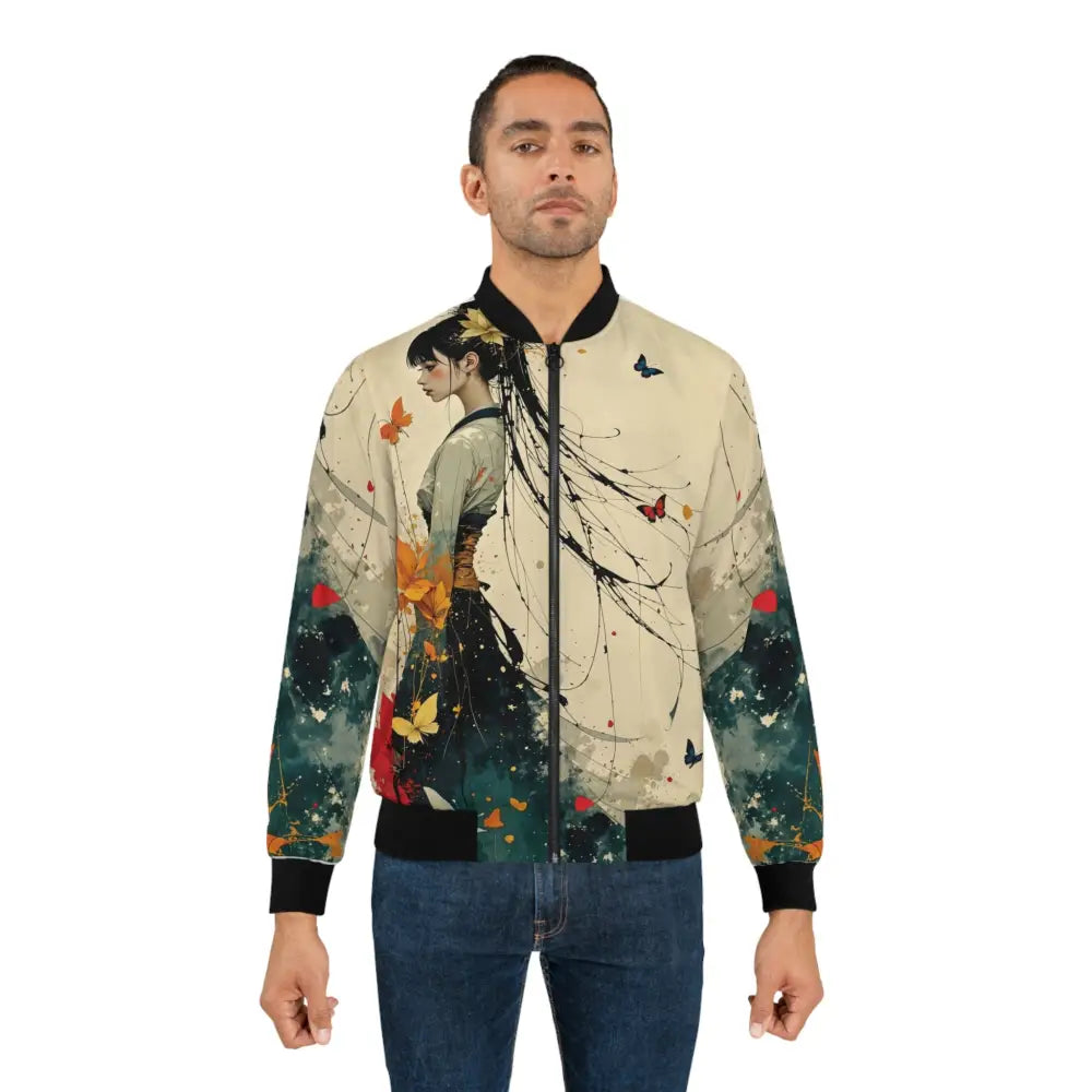 Men’s bomber jacket with Japanese art-inspired print featuring a woman and butterflies
