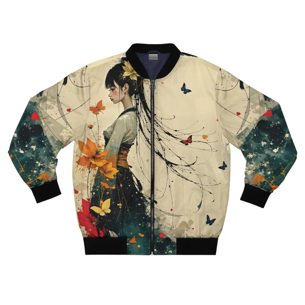 Cream-colored bomber jacket with floral and butterfly print from Men’s Bomber Jacket – Whispers of Autumn by Honson Ventures Limited