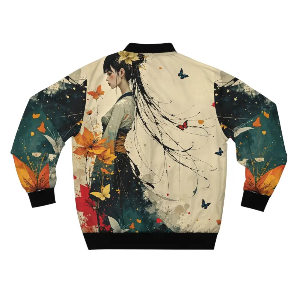 Men’s bomber jacket with graphic print of woman flowers butterflies by Honson Ventures Limited